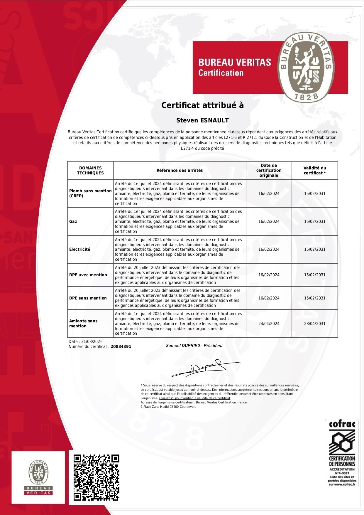 Certificat Bureau Veritas
